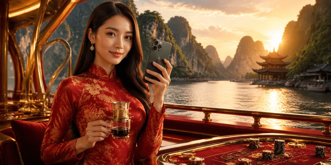 Người mặc áo dài tham gia Baccarat trong bối cảnh thiên nhiên Ninh Bình